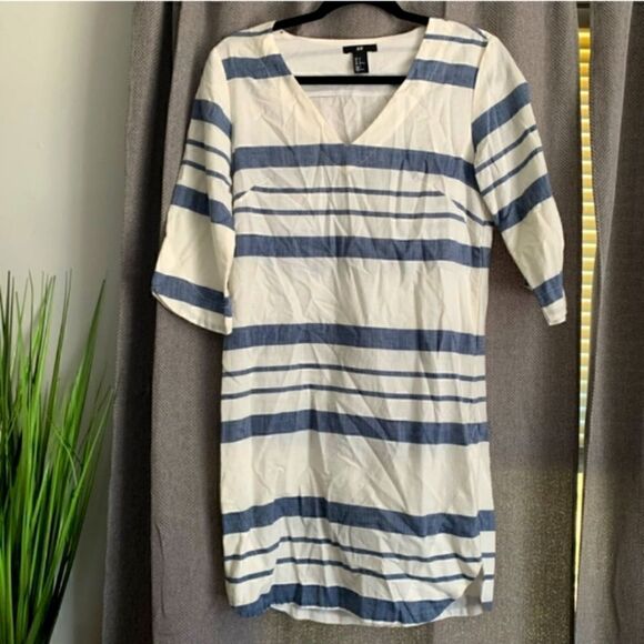H&M Cotton Striped Beach Dress V Neck Ivory and Blue - Picture 3 of 9